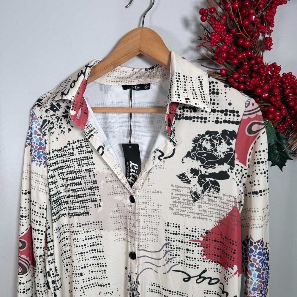 Lily Artsy Abstract Print Shirt Dress Cream Red Black Collared Tunic Small — image 4 of 8